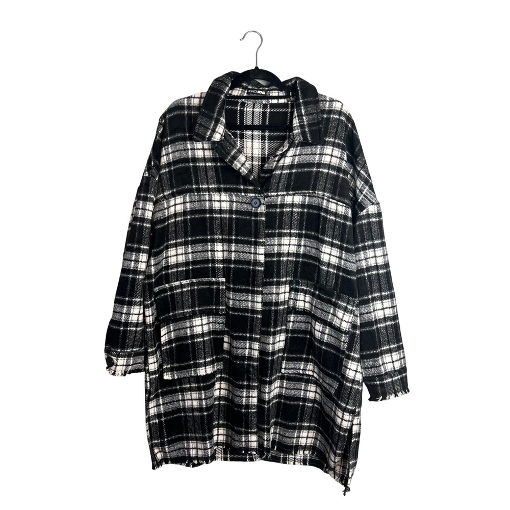 Fashion Nova Shacket Sz XL Black White Plaid Oversized Shirt Jacket Raw Hem